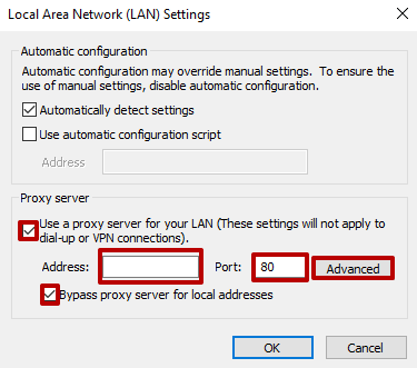 Сheck the box «Use proxy server for your local network» and «Bypass proxy server for local addresses». In the address field, you must enter information about the private proxy you purchased. Сlick the «Advanced» button