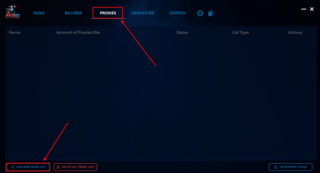 Press on the «PROXIES» tab and at the bottom press on the «ADD NEW PROXY LIST»