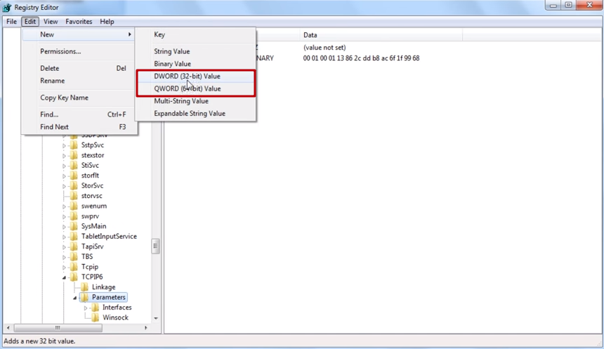 Press the Edit menu category - New - and select DWORD - DisabledComponents